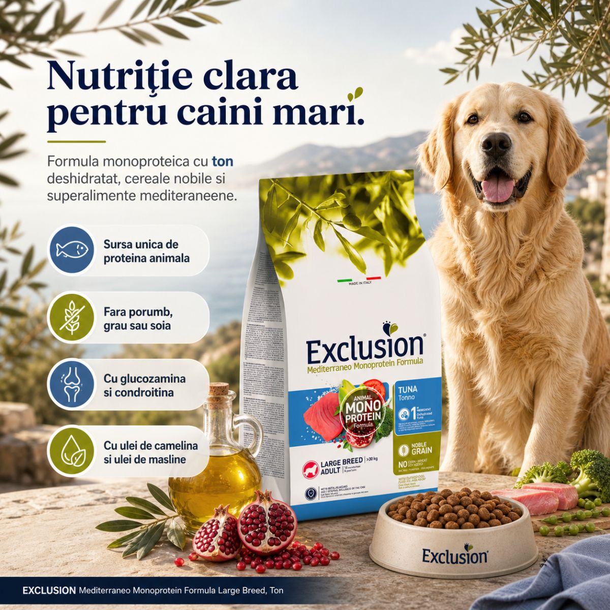 EXCLUSION Mediterraneo Monoprotein Formula Large Breed, L-XL, Ton, hrană uscată monoproteică câini, 12kg - imagine 3